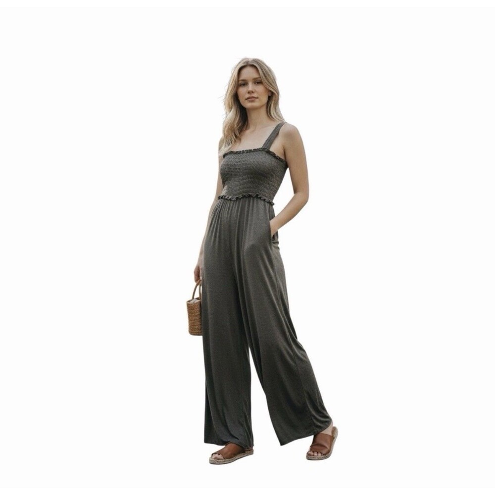 Natural Life Harper Smocked Flowy Wide Leg Jumpsuit Olive Green Heather XS/S